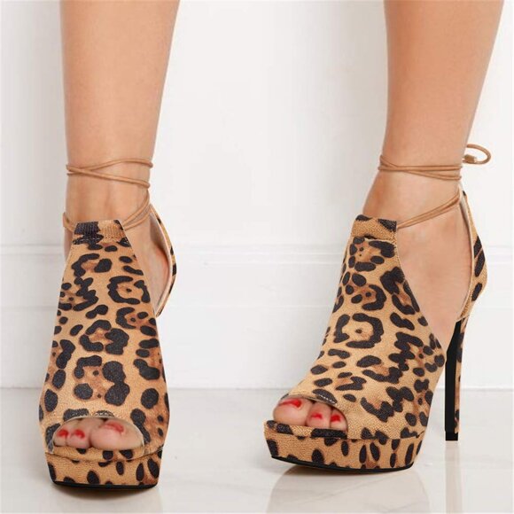 Womens leopard Peep Toe Platform Stiletto Heels Lace-Up Strappy Dress Sandals - Picture 3 of 5